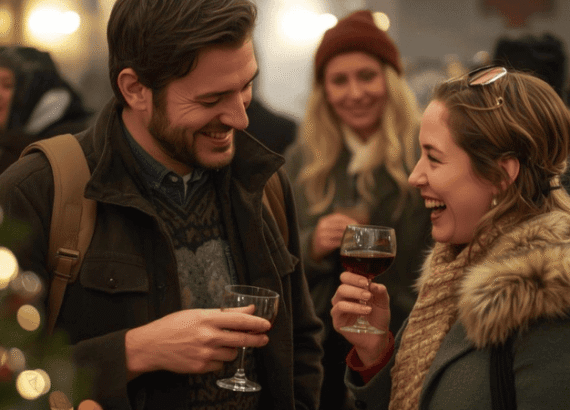 paar lacht bei einem abend in koeln tasting haus der manufakturen