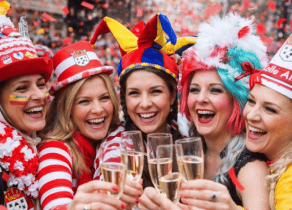 Freunde feiern Rosenmontag im Haus der Manufakturen Köln mit Kostümen und Prosecco mitten im Karneval